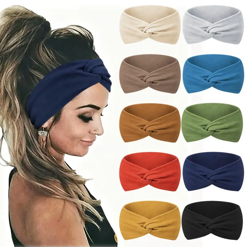 10PCS 4inch Wide Soft Ladies Headband Hair Wrap, Bohemian Fashion Bandanas Elastic Yoga Hair Bands Hair Accessories, Head Wraps Knotted Stretch Non-slip Big Hair Bands for Yoga Running Large Sports