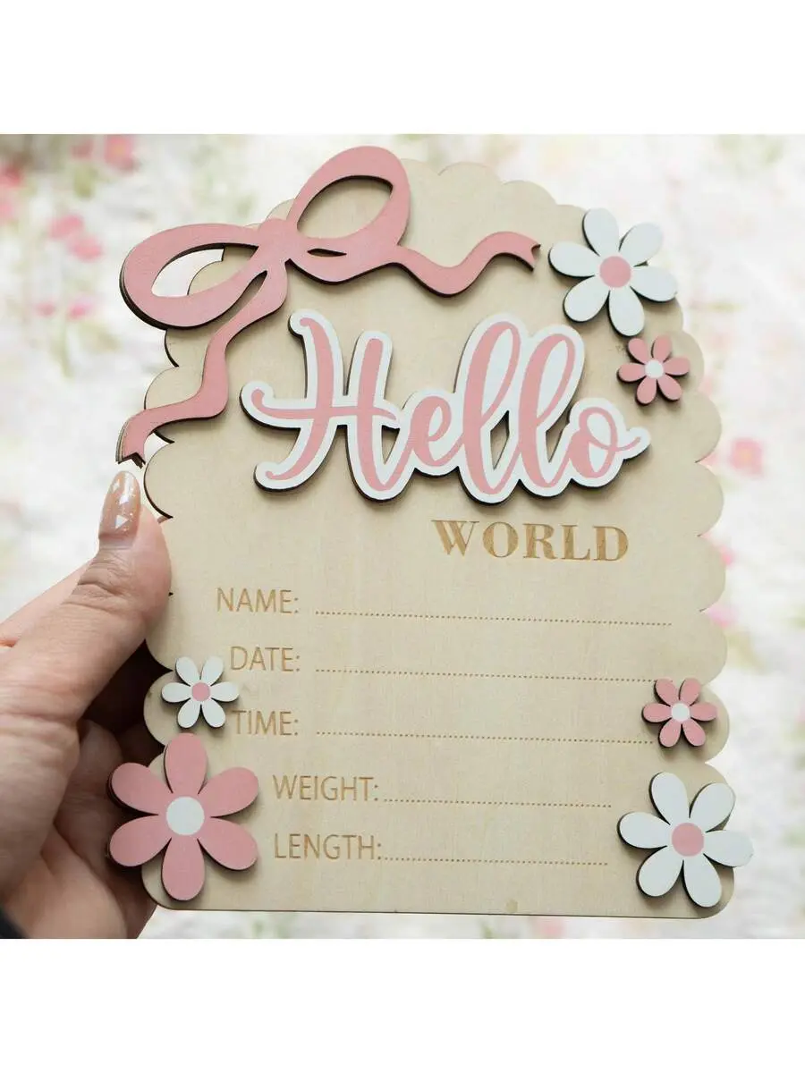 PULSE Newborn Baby Announcement Sign, Wooden Hello World Birth Board, Double Sided Baby Photo Prop, Newborn Keepsake Decor