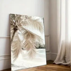 1pc Framed Canvas Art - Tropical Beach Scene with Palm Trees, Wooden Frame, High-Quality White Semi-Gloss Canvas Print for Living Room, Bedroom, Office Decor, Office Artwork| Beach Scene Art| Wooden Frame Canvas, Beach Theme Decor	