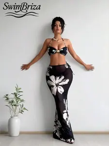 Briza｜Halter Push Up Bikini With Sheer Mesh Maxi Skirt In Black Floral Print Made As Bikini Sets And Two-Piece Swimsuit For Swimsuits 2 Piece Lovers, A Bathing Suit Fancy With Swimsuit Cover Up For Women And Vacation Swimwear For Women
