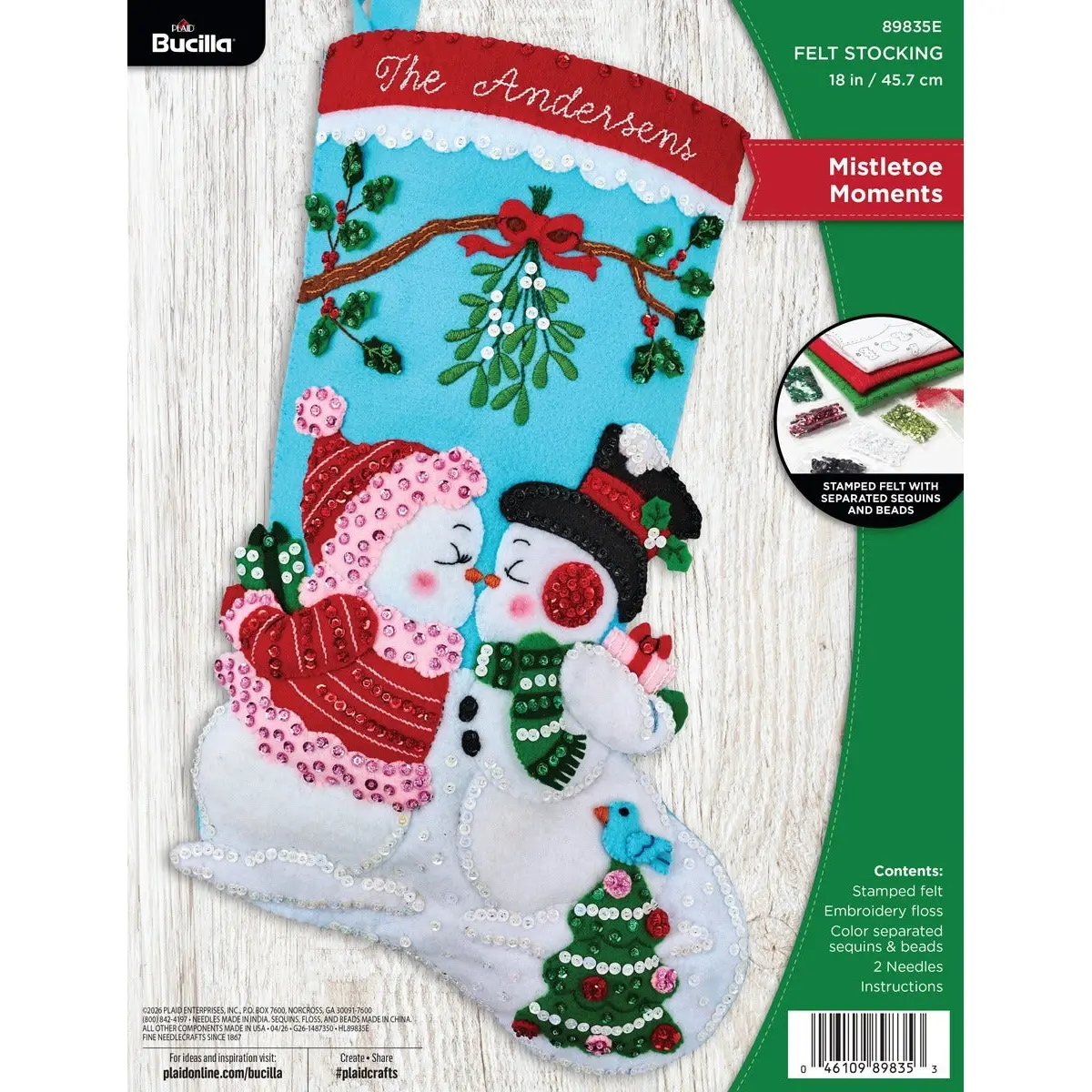 Bucilla Mistletoe Moments Stamped Embroidery Felt Stocking Kit, Holiday Decor Seasonal Sewing Supply - 89835E