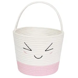 Easter Basket for Kids, Woven Empty Easter Bunny Egg Basket with Handle for Girls, Boys, Toddlers, Babies, Cute Embroidered Facial Design, Empty Gift Bin, Woven Kids Toy Storage Box, Pink
