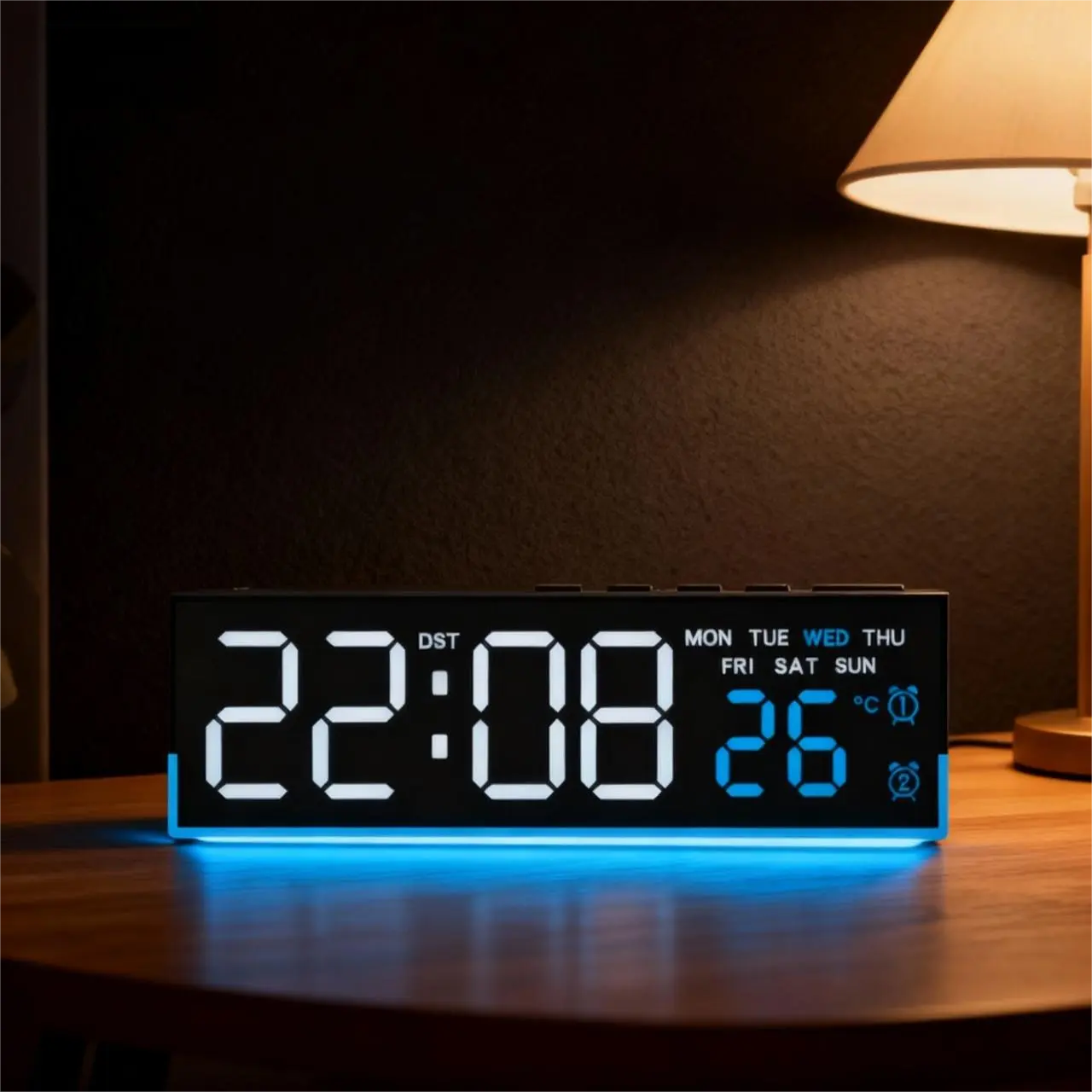 8 Inch Modern LED Digital Alarm Clock with Dual Alarms & Soft Bottom Light｜Displays Time, Date, Day, Temperature｜3-Level Auto/Manual Brightness, DST, USB or Battery Powered Desk Clock,Blue, Digital Clock Decor, Multifunctional Alarm Clock