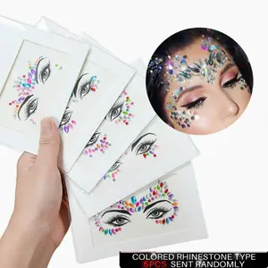 5 Sheets Mixed Style Face Tattoo Stickers Diamond Acrylic Resin Crystal Stickers Waterproof Party Rave Face Decor Multiple Patterns Mixed Crystal Texture Eye Catching Versatile for Party Stage Makeup Looks