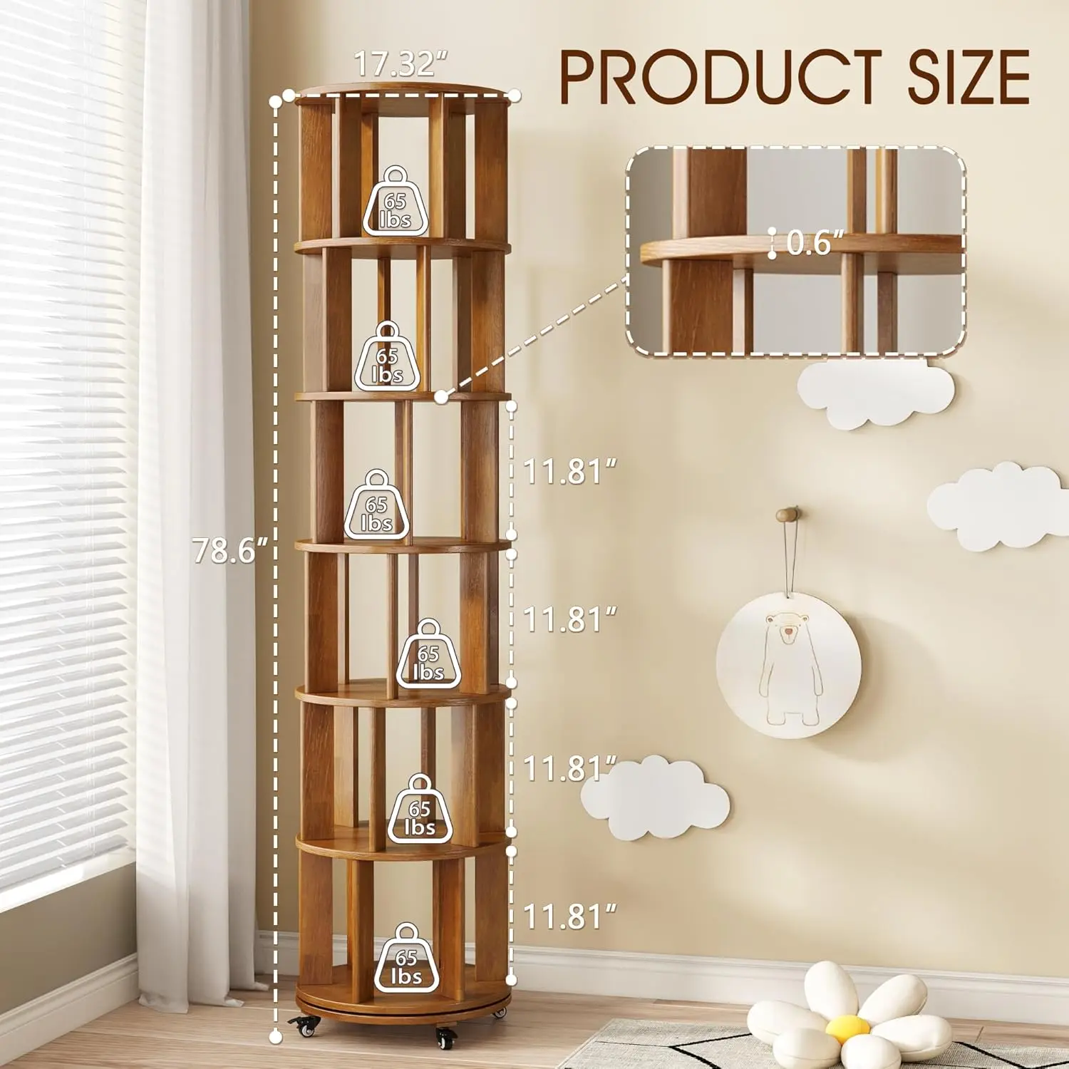 6 Tier Solid Wood Rotating Bookcase with Wheels, Round Revolving Bookshelf Organizer, 360 °   Spinning Storage Shelf for Corner, Small Narrow Spaces, Home, Office, Kids Room