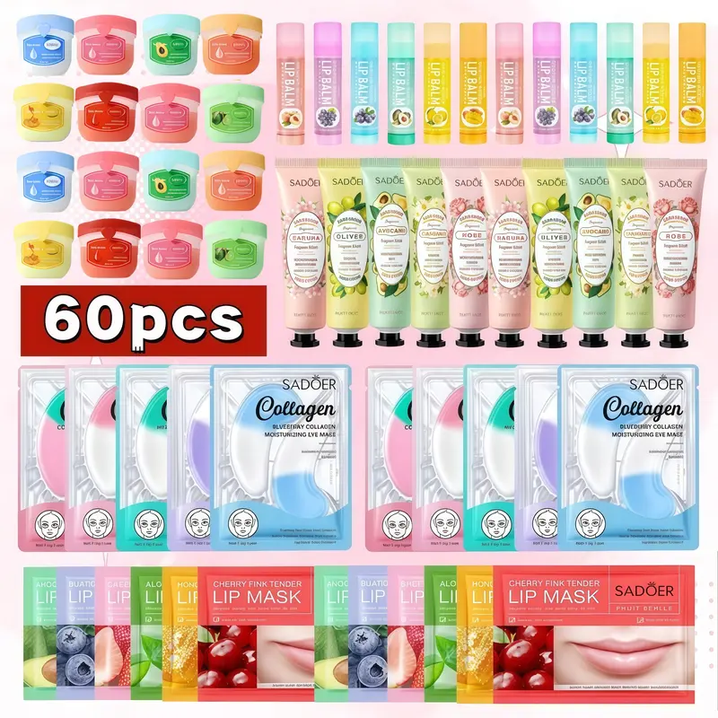 60-Piece Body Care Variety Gift Set - Self Care Kit Bundle with Lip Mask, Eye Mask, Hand Cream, Lip Balm, Moisturizer for Dry Skin, Deep Hydration, Mini Travel Products, Christmas Beauty Gift, Gifts For Women
