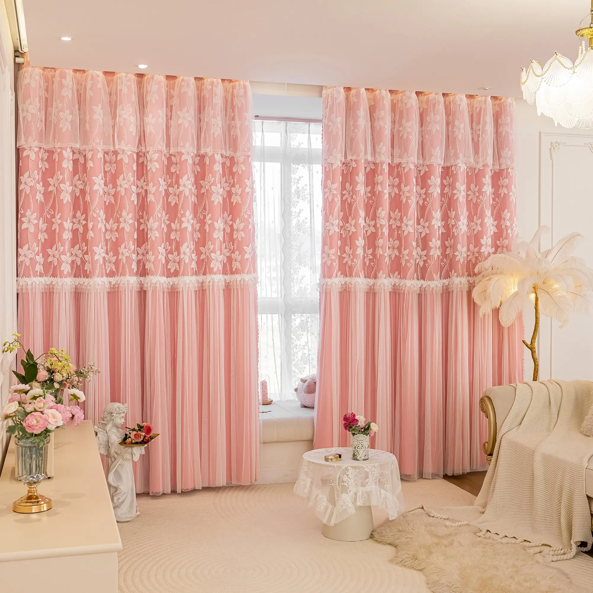 1pc Full Light Blocking Embroidered Lace Window Curtain, Home Decoration Curtain, Layered Patchwork Design, Floral Embroidery & Lace Trim, Soften Light, Protect Privacy