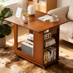 Folding Side Table with Movable Storage – Bamboo Foldable Table for Bedside Couch, Space-Saving Laptop Desk, Multiple Storage Spaces, Natural Walnut Texture, Portable End Table for Small Spaces