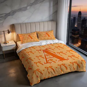 Orange Bow Monogram Initial Duvet Cover Set, 2/3 Piece Bedding Set (1 Duvet Cover + 1/2 Pillowcases, No  Inserts), Cute Bow Printed Bedding, Soft And Breathable, Perfect For Teen Bedroom, All Season Available, Personalized Room Decoration