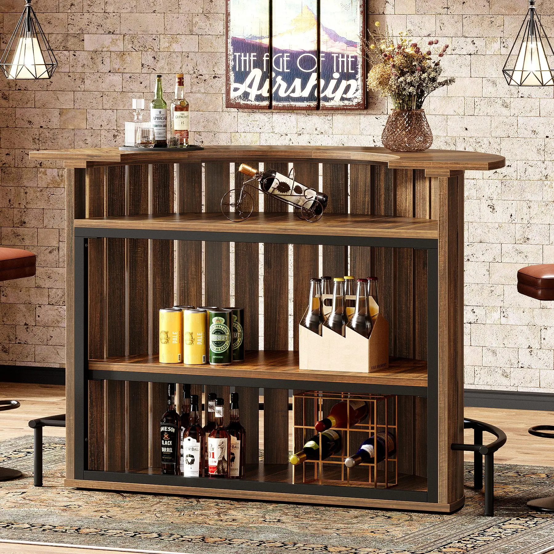 TRIBEWOOD 4-Tier Bar Table, 39.4" H Home Bar Unit with Footrest, Arc-Shaped Mini Bar Table, Modern Wine Bar Cabinet for Home Pub, Living Room
