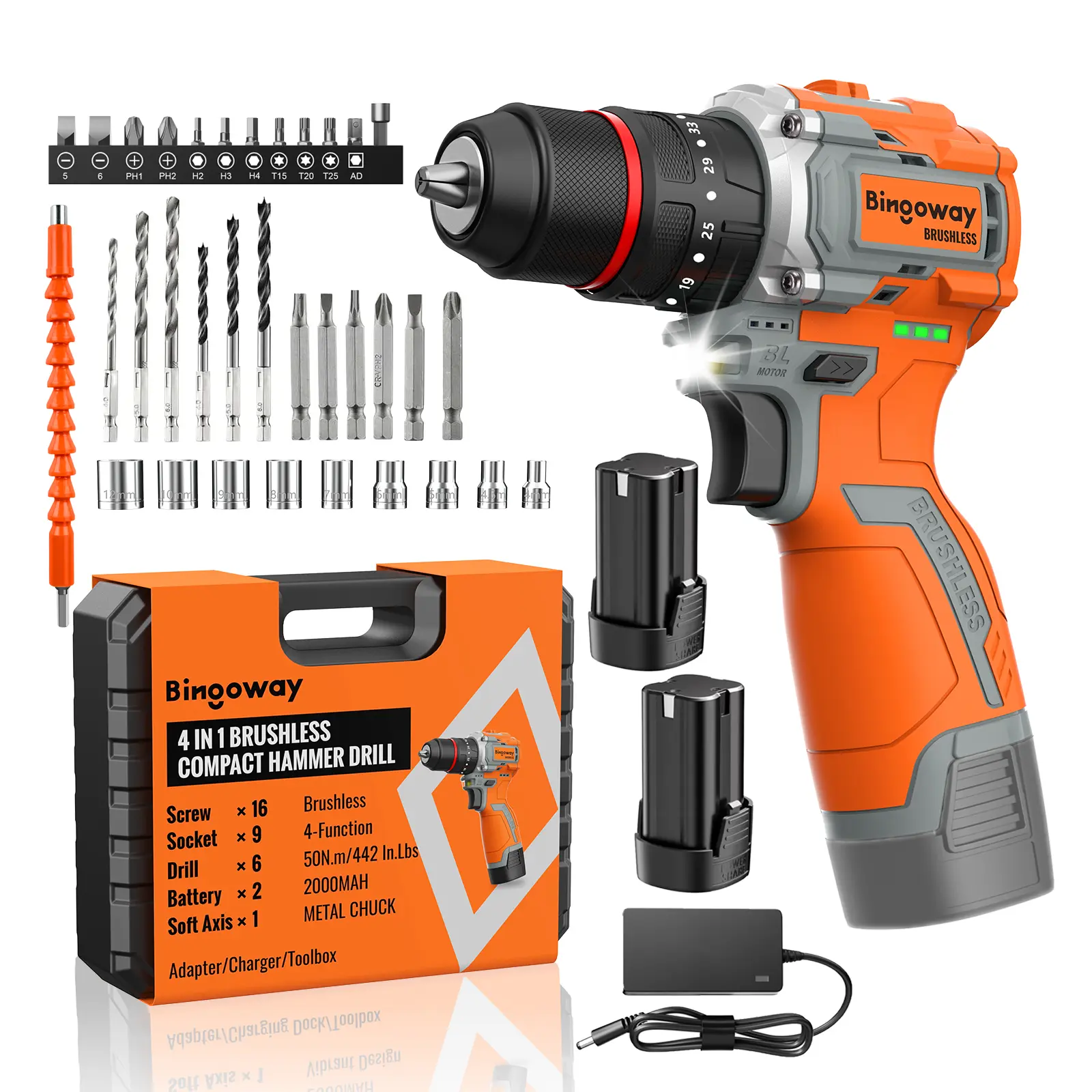 50N.m(37ft-lbs) Brushless Cordless Drill, 4-Function Electric Drill with 36 pcs Accessories, Keyless Metal Chuck, 35 Torque Adjustment, 2pcs 2000mAh 16V Batteries, 2 Speed, Screwdriver, Wrench,Impact Machines Gun For Housework,Power Tool,Tool Kit,Tool Box