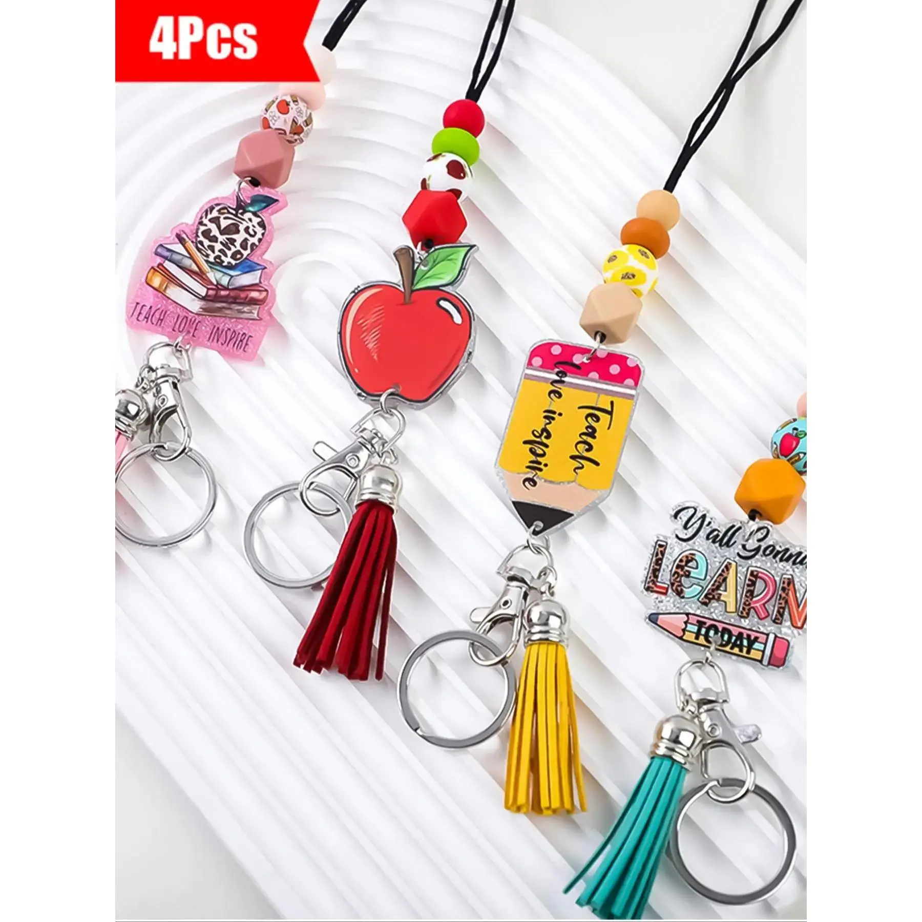 4-Piece Candy Color Silicone Beaded Lanyard Keychain Set, Trendy Cute Keychain, Features Apple, Pencil, and Book Motifs, Ideal Teacher's Day Gift and Friends' Present, Cute Keychain