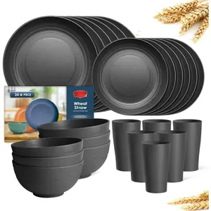 24-Piece Kitchen Plastic Wheat Straw Dinnerware Set, Service for 6, Dinner Plates, Dessert Plate, Cereal Bowls, Cups, Unbreakable Plastic Outdoor Camping Dishes, Black