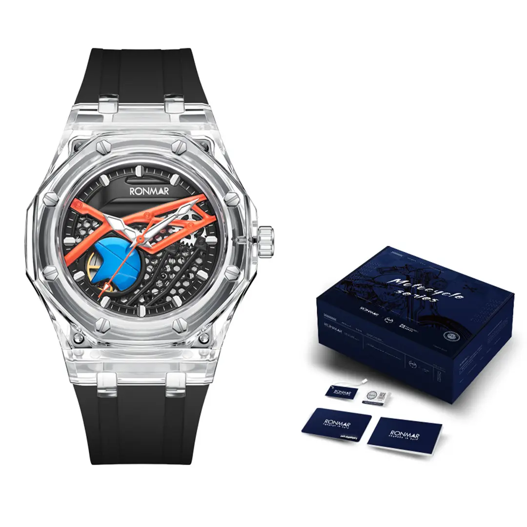 Cool motorcycle punk style transparent hollow fully automatic mechanical watch
