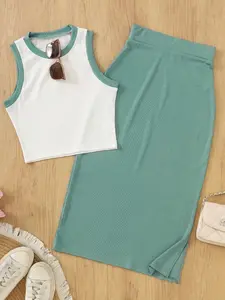 Women's Summer Two-Piece Set, Colorblock Sleeveless Tank Top + High-Waisted Skirt, Stylish Casual, Perfect for Warm Weather Womenswear