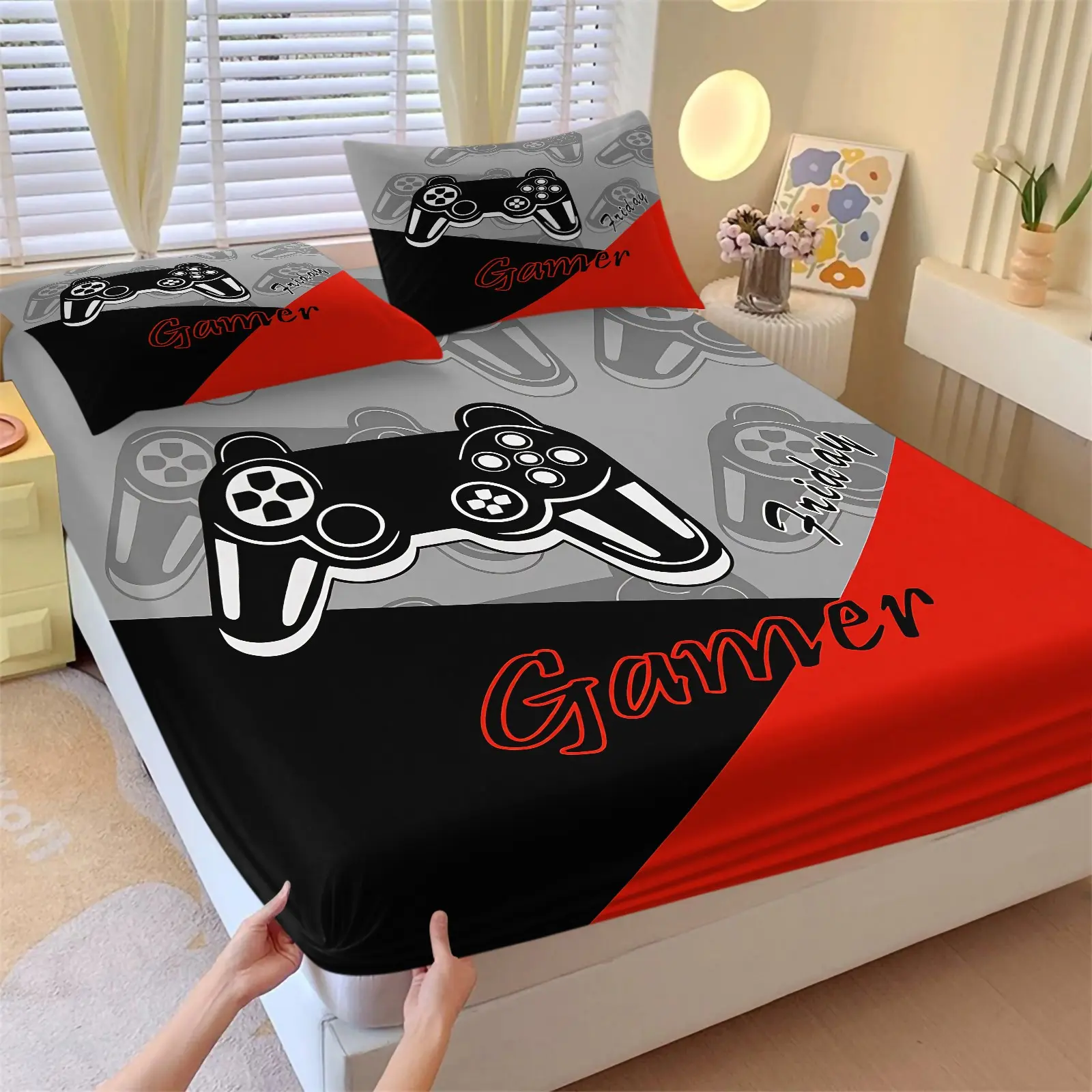 Gaming Controller Theme Esport Fitted Sheet Set and 2 Pillowcases No Core, Breathable Sheets, Black/Red/Grey Color Block Design, Soft Anti-Slip Wrinkle-Resistant Bedding, Bed Linens, Game Lovers, Teens Bedroom Decor, Best Gift Choice