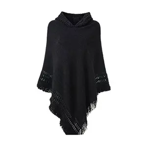 Women Winter Knit Hooded Poncho Cape Crochet Fringed Tassel Shawl Wrap Sweater