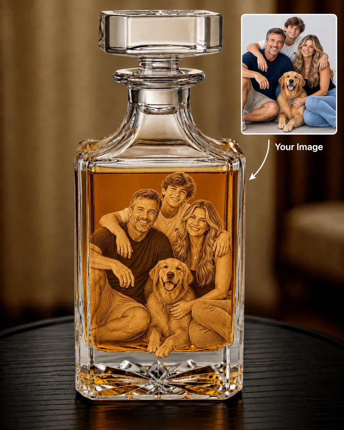 Custom Photo Glass Whiskey Decanter Set with Rocks Glasses - Personalized Laser Engraved, Dishwasher Safe, Crystal Stopper, Wooden Box Included - Father's Day, Christmas, Birthday Gift Ideas, Anniversary Gift, Wedding Day