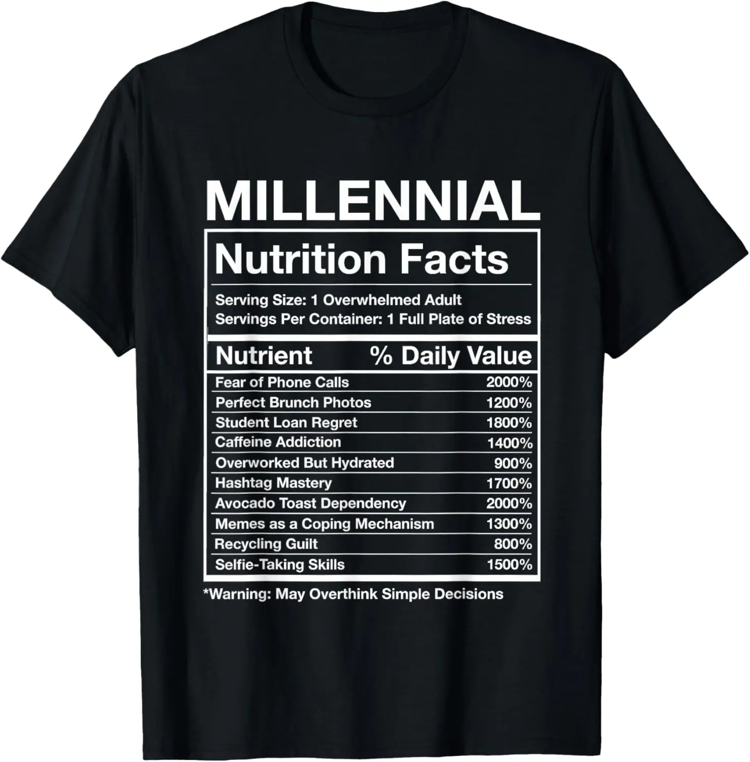 100% Cotton Millennial Nutrition Facts - Funny Generation Meme T-Shirt