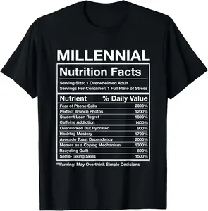 100% Cotton Millennial Nutrition Facts - Funny Generation Meme T-Shirt