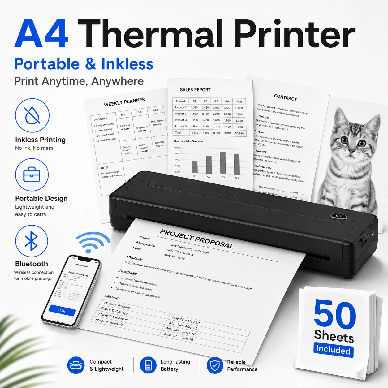 ZRZTM Portable A4 Thermal Printer, 203 DPI Inkless Bluetooth Mobile Printer, USB-C 2000mAh Rechargeable Wireless Printer with 50 Sheets of 210 x 297 mm A4 Thermal Paper, for iOS Android Laptop, Travel Office School & Gifts