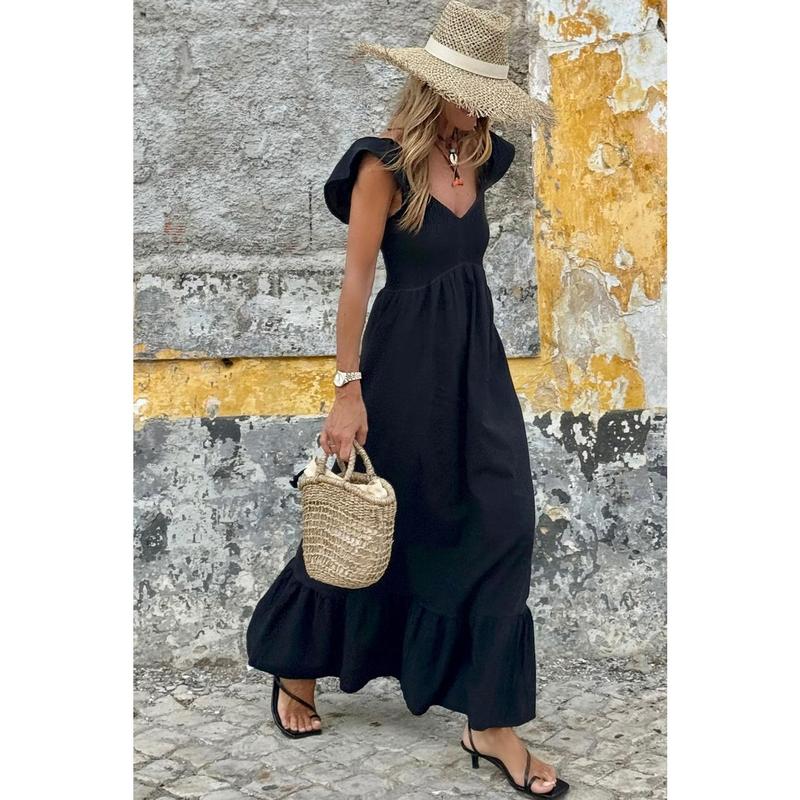 Black V Neck Flutter Sleeve Smocked Bodice High Waist Ruffle Maxi Dress