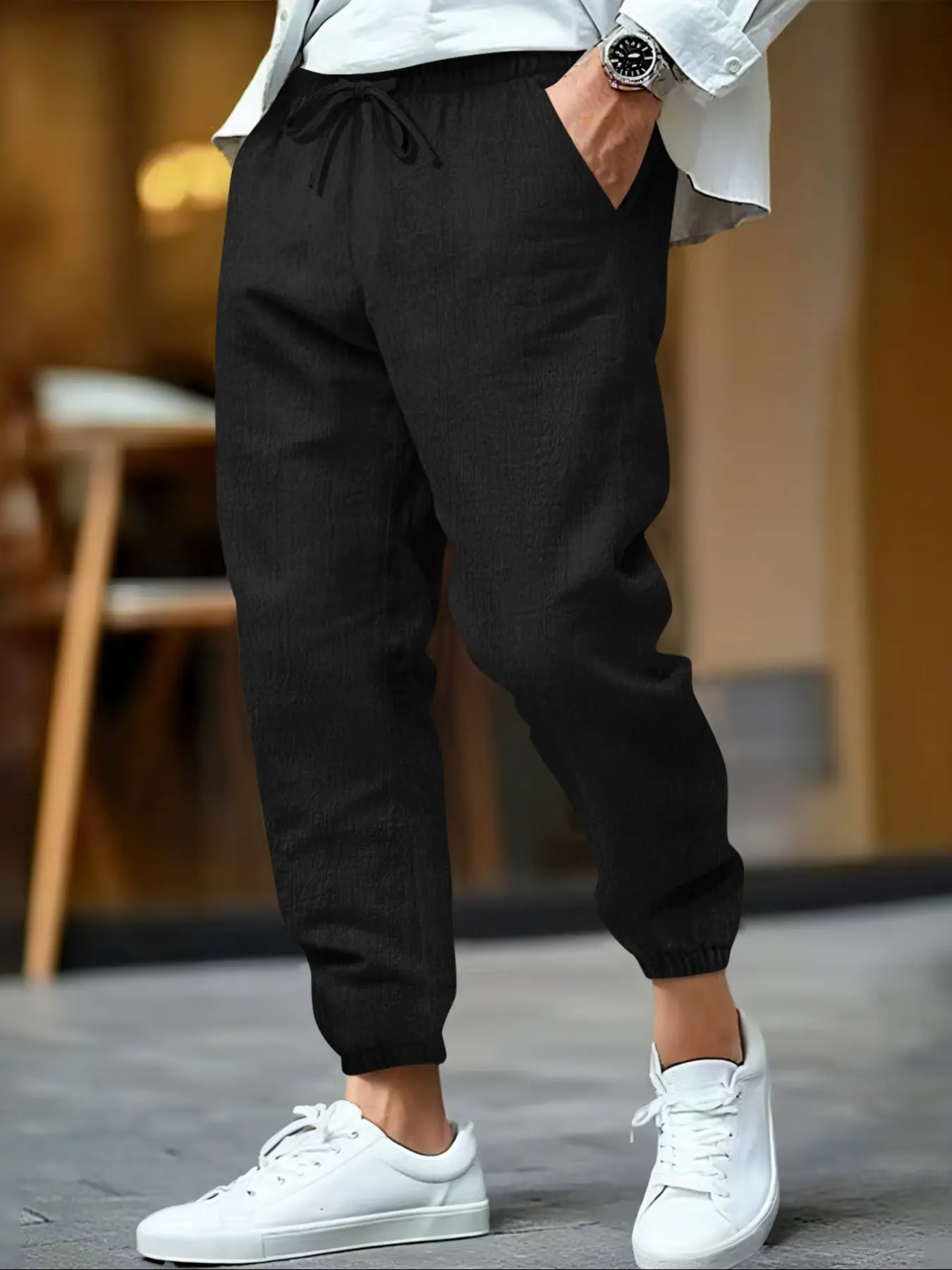 Men's Solid Color Linen Jogger Pants, Elastic Waist Drawstring Long Trousers, Casual Fashion Fall Wear, Breathable Comfortable Hemmed Bottoms