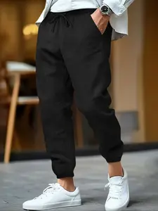 Men's Solid Color Linen Jogger Pants, Elastic Waist Drawstring Long Trousers, Casual Fashion Fall Wear, Breathable Comfortable Hemmed Bottoms