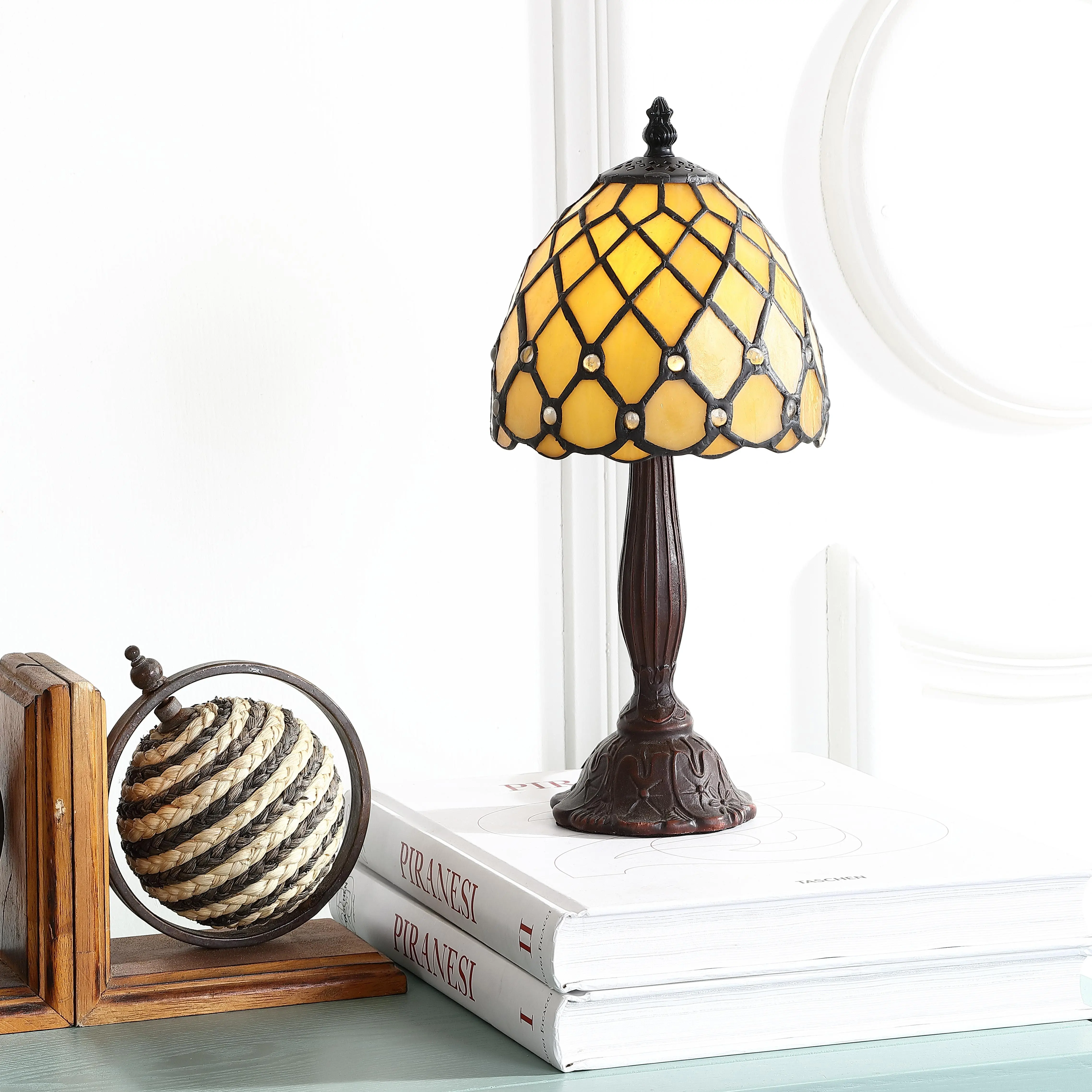 JONATHAN Y Campbell Tiffany Style 12.5" LED Table Lamp, Bronze | Handcrafted Ivory Stained Glass Bell Shade With Jewels, Traditional Resin Metal Accent, Silk Wrapped Cord, Bulb Included