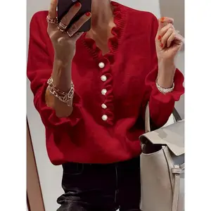 Women's Elegant Long Sleeve Sweater - Soft Stretchy V-Neck Pullover Sweater for Fall/Winter, Office, Party, Everyday - Non-See-Through Formal & Casual Tops - Women's Clothing, Ladies Sweaters, Party Wear, Smooth Texture Finish