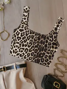 Women's Leopard Print Square Neck Short Tank Top, Slim Fit Sleeveless Basic Shirt, Casual Summer Fashion, Perfect for Daily Wear