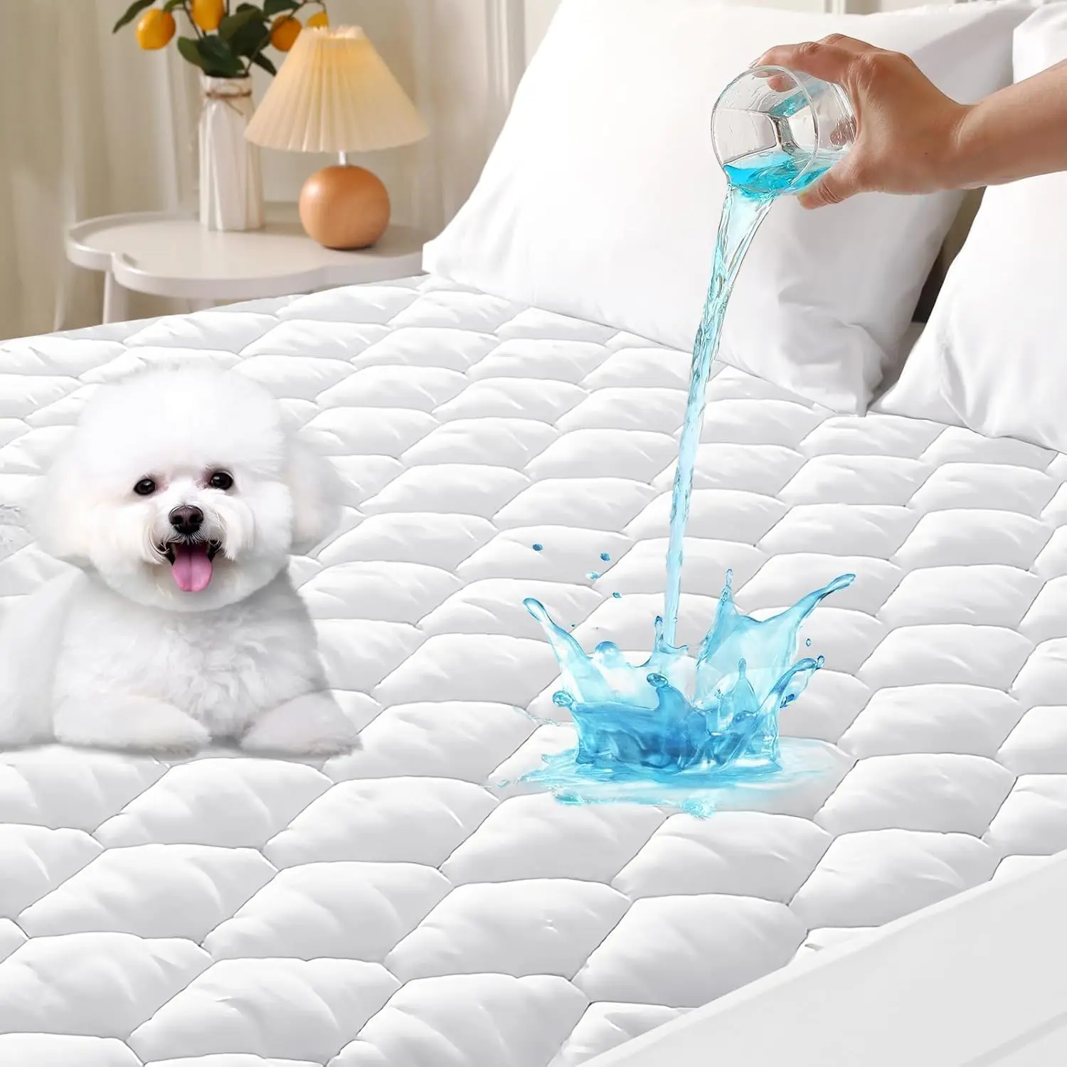Premium Quilted Waterproof Mattress Protector Queen, Deep Pocket Fitted Cover up to 22 Inches, Soft Breathable Noiseless Cooling Mattress Pad Topper, Vinyl Free Bed Cover for Bedroom, Hotel – White