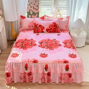 3-Piece Bed Skirt Set, All-Season Non-Slip Floral Print Bedding, Includes 1 Bed Skirt and 2 Pillowcases, Bedroom Decor, Bed Sets