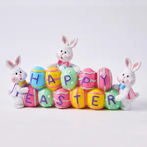 Easter Bunny Figurine Decor – 3 Resin Rabbits Holding Eggs, Happy Easter Spring Decorations, Tabletop Centerpiece for Home & Party