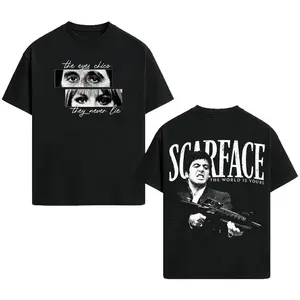 Men'S "Scarface" Pattern T-Shirt, Fashionable Black Short-Sleeved Round-Neck Summer T-Shirt, Retro Gangster Style Pattern T-Shirt, Men'S Fashionable Black Short-Sleeved Round-Neck Summer T-Shirt, Cotton, Movie-Inspired Streetwear Top