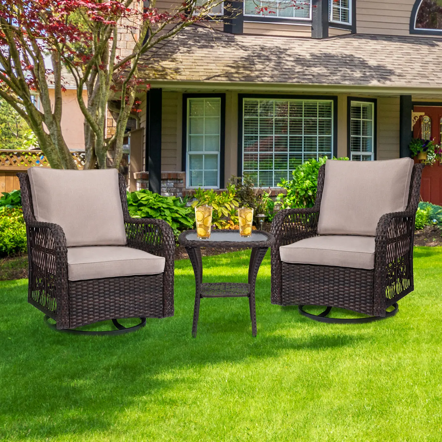 All-Weather Wicker Swivel Rocker Patio Bistro Set – 3-Piece Outdoor Set ...