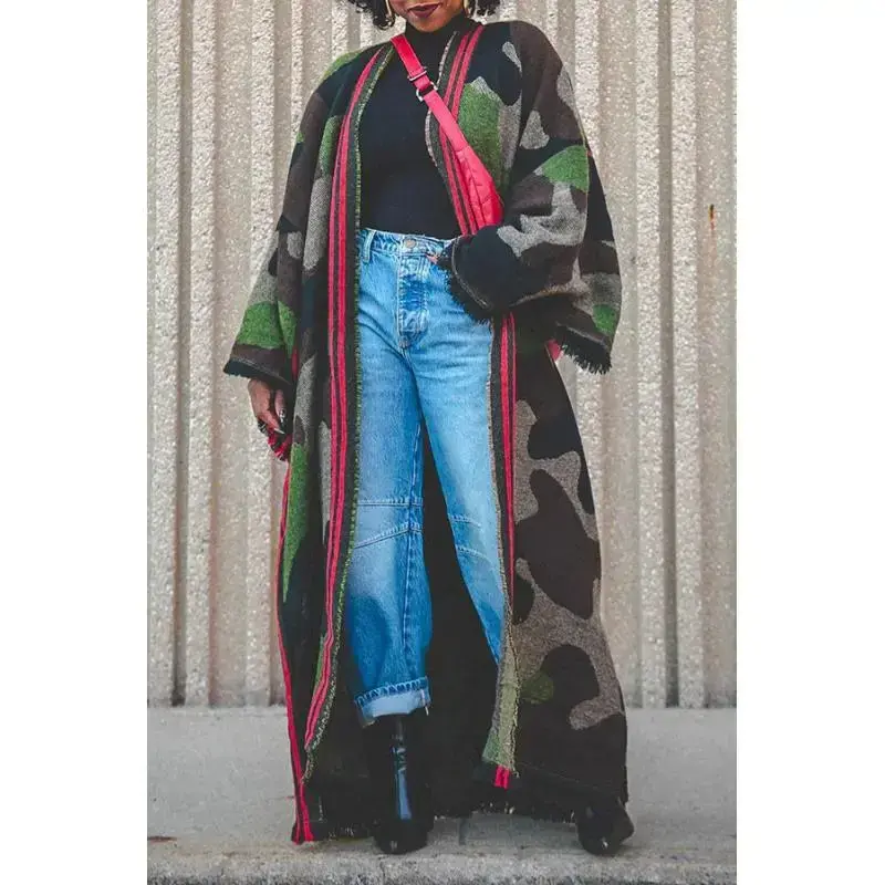 Autumn Winter Women's Large Shawl Scarf �C Army Green Camouflage with Red Stripes, Thickened Warm Fabric, Versatile Style for Daily Wear, Commute & Outdoor Activities........