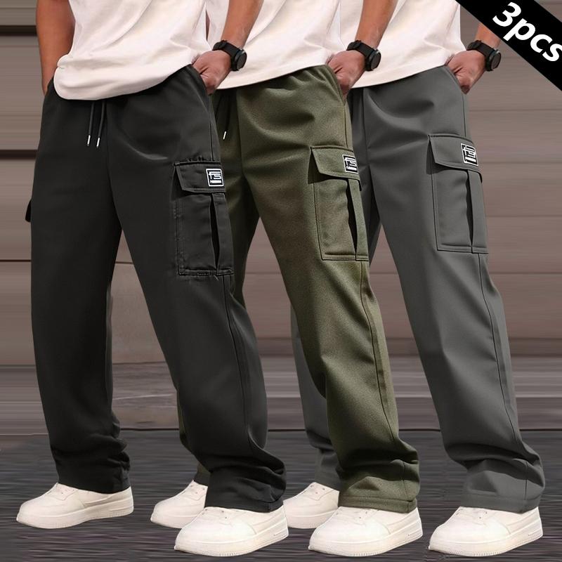 Clean Gent 3-piece men's solid color multi-pocket straight overalls, regular version casual fashion and comfortable outdoor trousers, men's bottoms for daily wear, drawstring waist pants