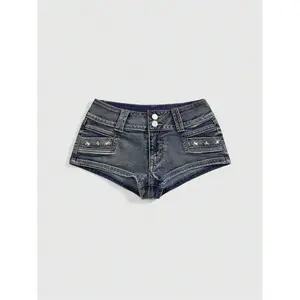 Ultra Low Waist Sexy Vintage Distressed Skull Studded Women's Denim Shorts