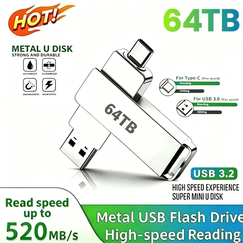 64TB USB 3.2 Flash Drive 520MB/s High Speed OTG Type C Pen Drive 2 in 1 Metal USB Stick Waterproof Pendrive for Phone PC