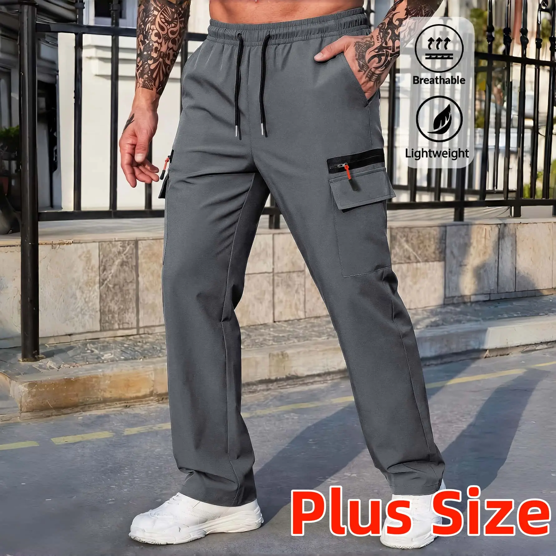 Big & Tall Plus Size Men’s Breathable Cargo Jogger Pants, Lightweight Quick Dry Stretch Tapered Utility Trousers, Elastic Drawstring Waist Zipper Multi Pocket Loose Fit Outdoor Hiking Streetwear Summer Casual Pants，athleisure wear