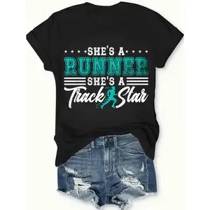 She's A Runner Track Star T-Shirt Black Running And Fitness Personalized Unisex Women's Top Summer Comfortable Breathable Short Sleeve Tee Suitable For All Outfits Made In Usa