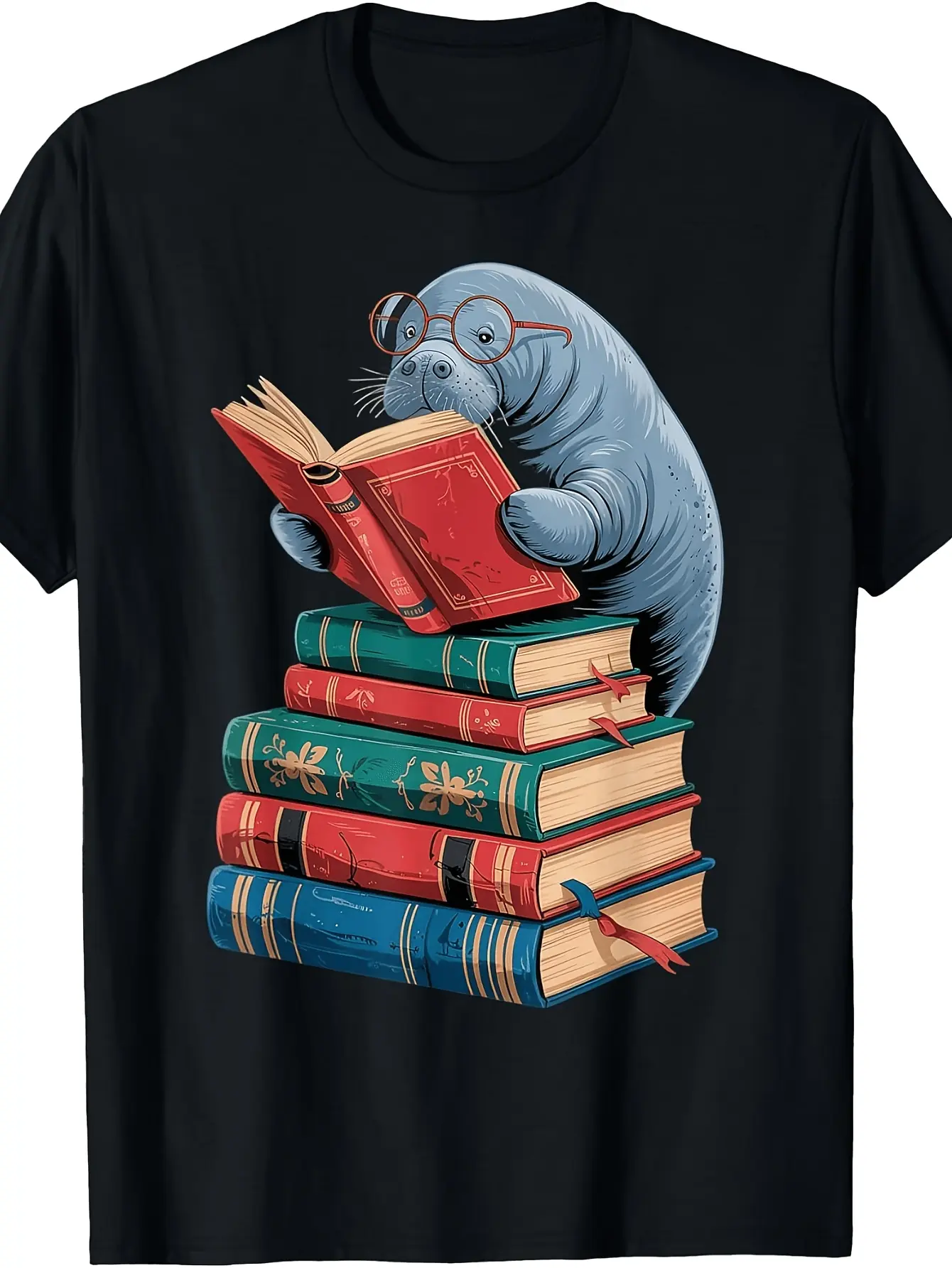 Men' Retro Manatee T-Shirt - Sea Cow  Book Reader, unisex soft cotton short sleeve t shirt, vintage graphic casual tee for men women teens, perfect birthday holiday gift for camping travel gym daily street  wear