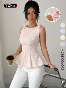 New Women's Woven Textured Floral Small Flower Fabric Sleeveless Shoulder Strap Bow Design Waist Cinching Fitted Hem Ruffle Fashion Versatile Elegant Vest Top