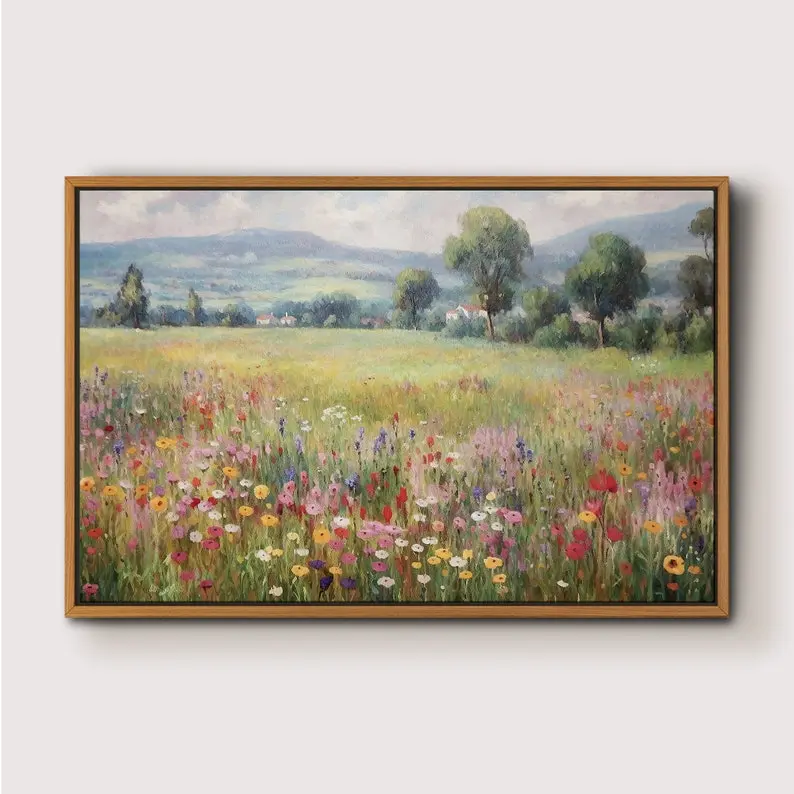 Wildflower Field Oil Painting Landscape Wall Art Print, Nature Large Gallery Art Poster