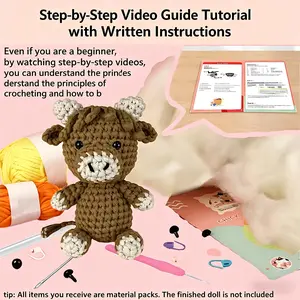 Highland Cow Crochet Kit for Beginners, DIY Knitting Material Set with Tutorial Video, Random Accessory Colors, Perfect for Craft Enthusiasts