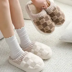 Women's Fuzzy Memory Foam Slippers Warm Cotton Soft Lightweight House Indoor Shoes with Traction-Control Sole Plaid Design Comfortable Footwear