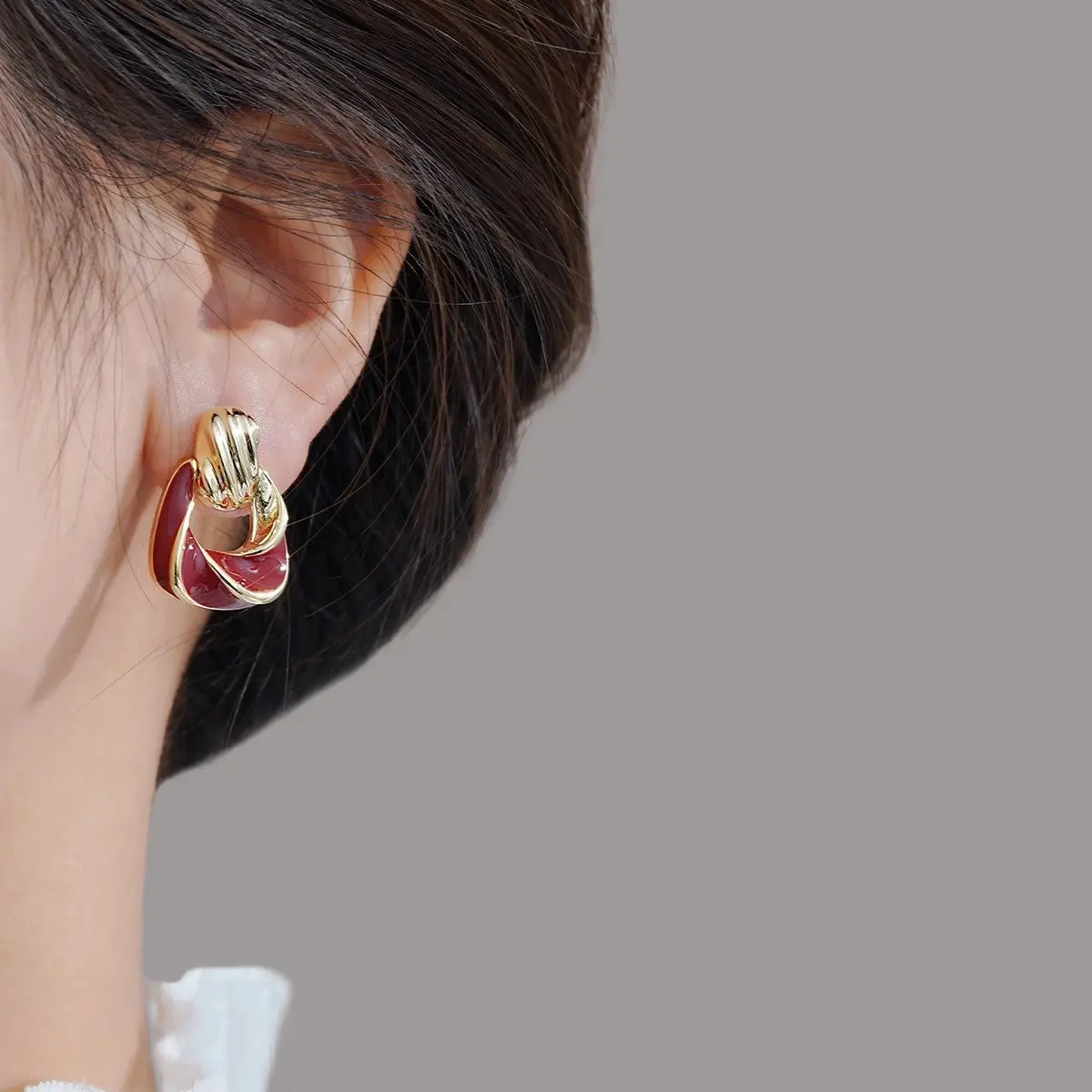 Vintage Geometric Drop Earrings in Burgundy - Elegant Ear Accessories for Women