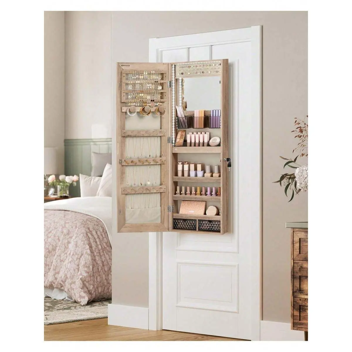Mirror Jewelry  Armoire Organizer, Wall/Door Mount Storage  With Full-Length Frameless Lighted,  Wall Mounted Mirror Built-In Makeup Mirror, 2 Drawers,