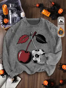 Women's Casual Vintage Wash Cotton Pullover Sweatshirt, Round Neck Long Sleeve Fleece Lined Hoodie for Fall Winter Fashion